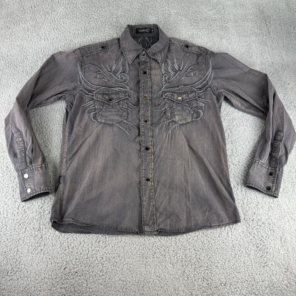 VASSARI ITALY Shirt Mens Medium Gray‎ Metal Snap Button Military Tribal Stretch